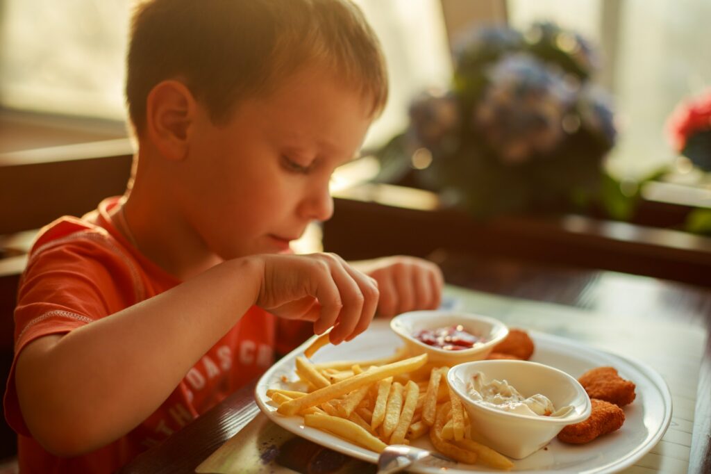 boy eating fast food in a cafe. the child eating french fries with nuggets