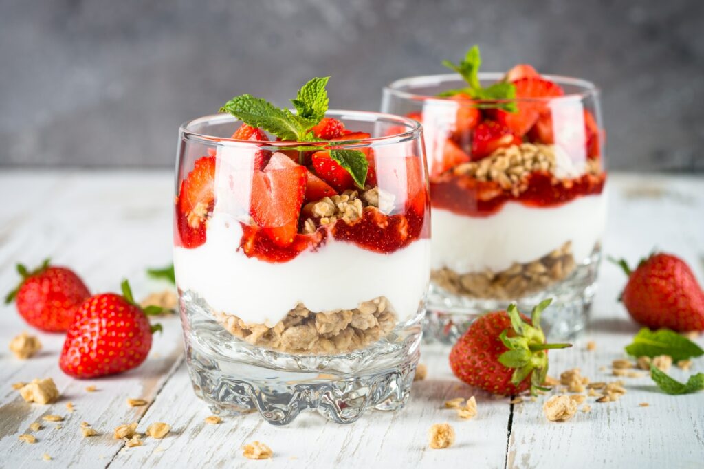 Greek yogurt parfait with strawberry.